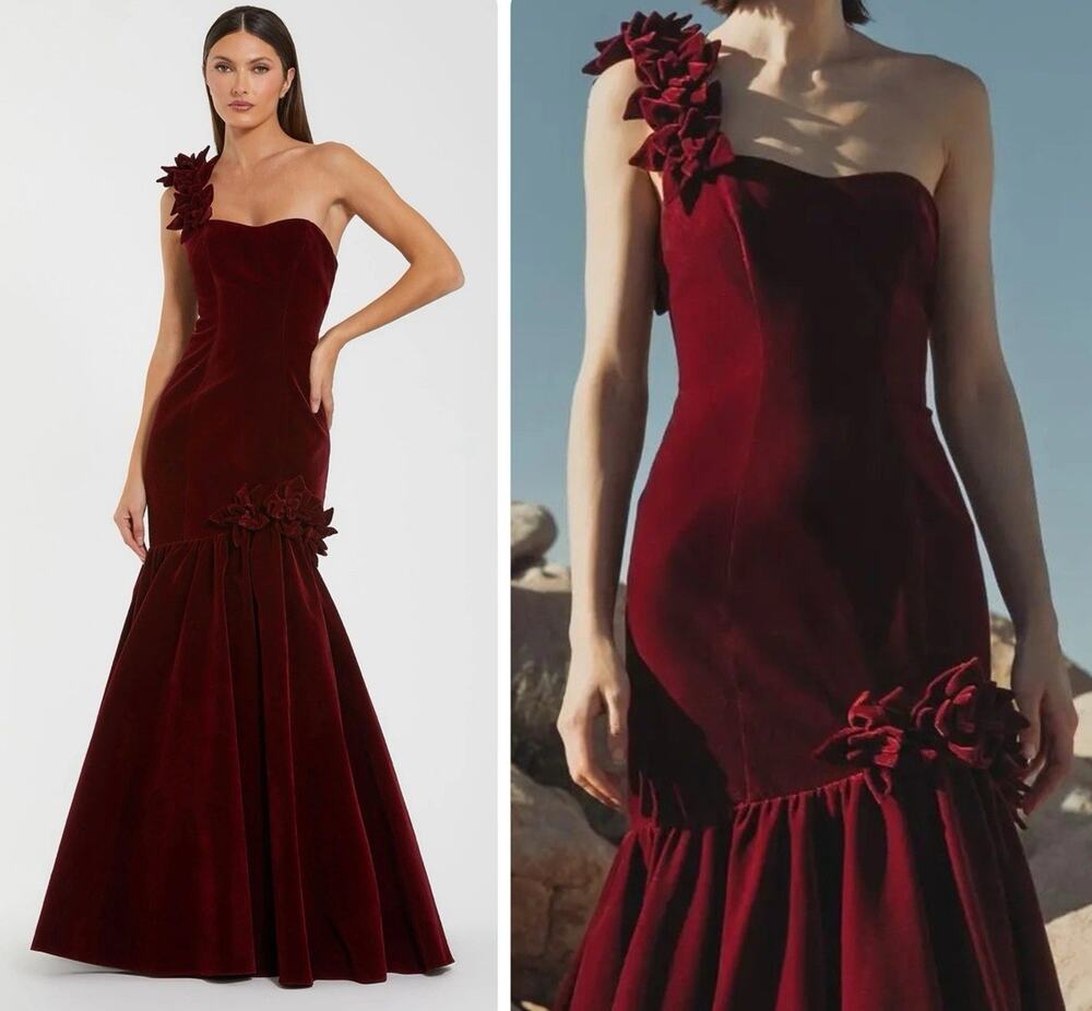 MAC DUGGAL Velvet One Shoulder Trumpet Gown Size 2 Dark Red 68983 NWT $898